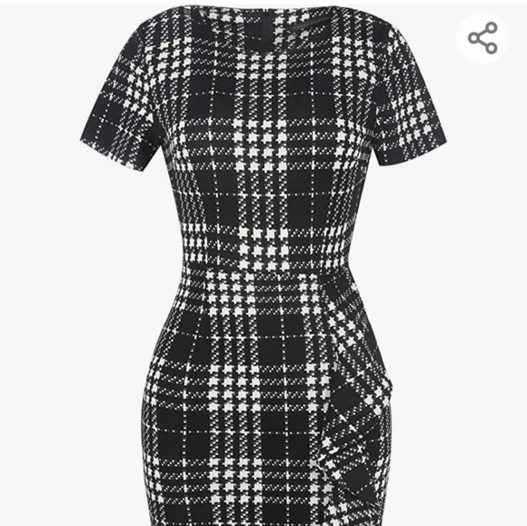 Black & White Plaid Short Sleeve Midi Pencil Skirt Dress - Picture 3 of 5